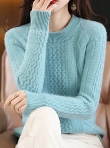Women's Plain Regular Length Blue Cable-Knit Pullover Sweater Long Sleeved Round Neck Knitwear For Casual Wear - 藍色 - 查看 1