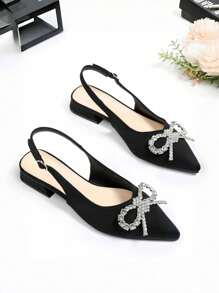 Zapatos de tacón alto de punta fina elegantes para mujer con decoración de cristales, tacones gruesos estables, Top de tela y suela de PU, zapatos formales negros para vestir en verano - Negro - Ver 3