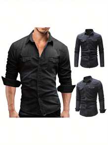 Camisas casuales de primavera y otoño para hombre, camisas con botones de unicolor de manga larga con solapa de tela vaquera para fiestas - Gris Oscuro - Ver 5