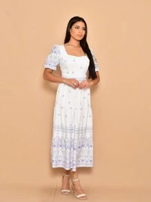 Helena Crepe Printed Midi Dress With Short Sleeves - Mauve Purple - View 3