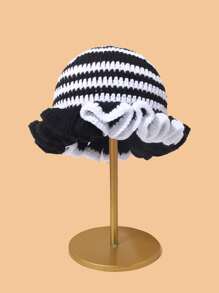 1pc Contrast Color Knitted Large Ruffle Brim Handmade Crochet Beanie (Hat Color Random)