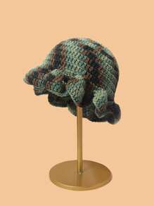 1pc Contrast Color Knitted Large Ruffle Brim Handmade Crochet Beanie (Hat Color Random)