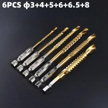 6pcs Wood Carpenter Saw Tooth Drill Perforated Flower Saw Tooth Drill Bits Hexagon Auger Twist Drill Bit Wood Drill Bit Saw Drill Combination, Iron Tooth Copper Thread