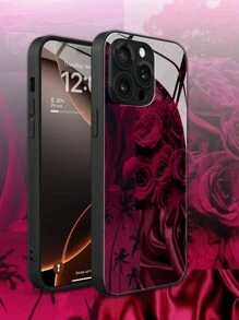 1 peça de revestimento metálico com padrão de rosas, material de vidro temperado com lente embutida, película à prova de choque, anti-riscos, anti-impressão digital, TPU, capa macia de borda completa, compatível com iPhone 16/16 Plus/16 Pro/16 Pro Max - Multicolorido - Ver 1