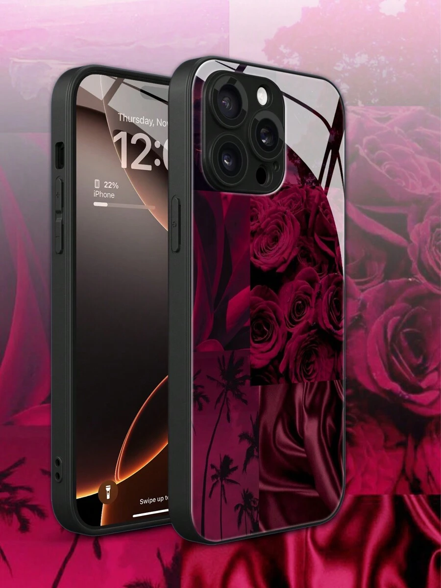 1 peça de revestimento metálico com padrão de rosas, material de vidro temperado com lente embutida, película à prova de choque, anti-riscos, anti-impressão digital, TPU, capa macia de borda completa, compatível com iPhone 16/16 Plus/16 Pro/16 Pro Max - Multicolorido - Ver 1