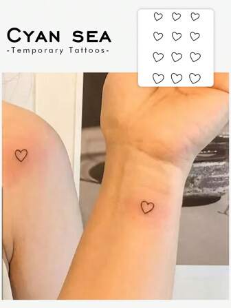 Cyan sea 1-3张多重爱心防水临时纹身贴纸。黑色手绘心形图案。人体艺术临时纹身防水半永久贴纸。手指、手腕、脚踝。防水、防汗、可水洗、不反光、仿真纹身。适合时尚人士。