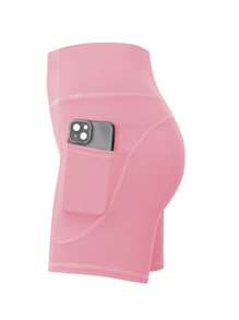 Pantalones cortos deportivos de talla grande, mallas de yoga de cintura alta para mujeres, pantalones de compresión, pantalones cortos para correr de ajuste ceñido, licras recortadas de unicolor - Rosa Pálido - Ver 6