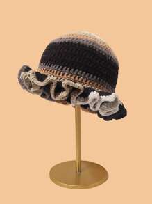 1pc Contrast Color Knitted Large Ruffle Brim Handmade Crochet Beanie (Hat Color Random)