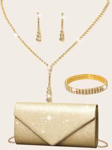 Rhinestone Jewelry Shiny Necklace Earrings Bracelet Set Elegant V-Shaped Flap Glitter Envelope Clutch Glitter Banquet Handbag Bridal Wedding Ladies Bridal Evening Bag Prom Shiny With Detachable Chain Wedding & Party Shoulder Bags Women's Wallet Glittering Party Ladies Handheld Evening Metal Chain Bag Tote Bag Cocktail Party Wedding New Banquet Bag