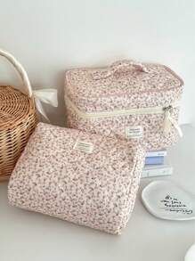 Neceser de maquillaje de terciopelo con estampado floral, bolsa con cremallera de tela con estampado floral, organizador de artículos de tocador de estilo campestre lindo para uso diario, hogar o viaje