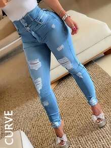 Women Plus Size Casual Washed Distressed Skinny Jeans - 淺色水洗藍 - 查看 1
