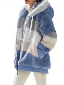 Womens 2025 Winter Fuzzy Fleece Jacket Hooded Color Block Patchwork Cardigan Coats Outerwear With Pockets - Blue - View 2