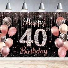 1pc "Happy Birthday" Backdrop Banner, Black/Silver/Rose Gold, Party Decorations For 16th 21st 40th 50th 60th 80th Birthday, Photo Booth Accessories, Glitter Balloon