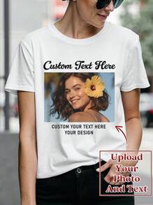 定制照片打印女式 T 恤，个性化姓名文字打印，适合情人节、新年、生日、周年纪念、节日，上传您的自拍/朋友/情侣/宠物照片并自定义文字，白色短袖圆领，生日礼物，音乐节服装，个性化服饰，夏季上衣，装饰性、狗狗、独特、定制、美女服装，适合她、家人、朋友、粉红女孩、节日、度假、周年纪念、定制女式上衣、街头休闲时尚