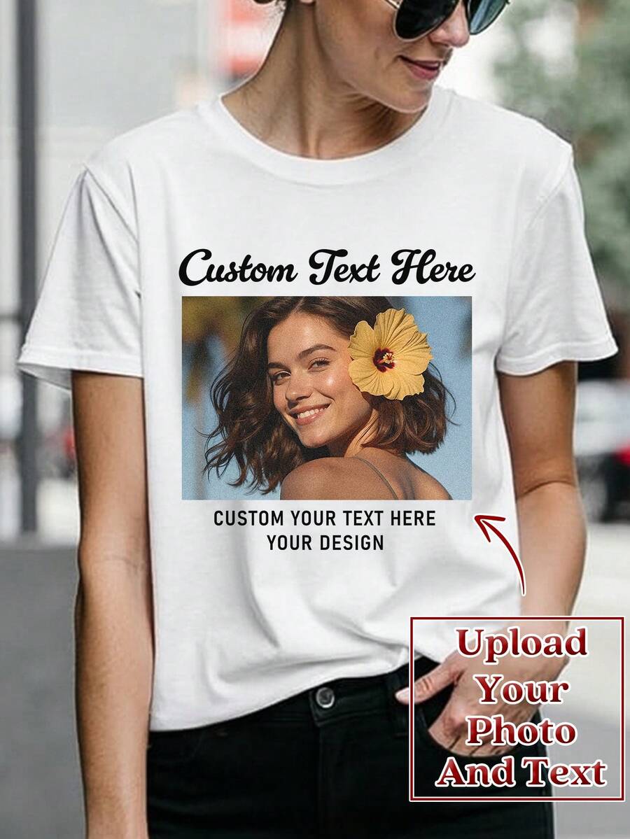 定制照片打印女式 T 恤，个性化姓名文字打印，适合情人节、新年、生日、周年纪念、节日，上传您的自拍/朋友/情侣/宠物照片并自定义文字，白色短袖圆领，生日礼物，音乐节服装，个性化服饰，夏季上衣，装饰性、狗狗、独特、定制、美女服装，适合她、家人、朋友、粉红女孩、节日、度假、周年纪念、定制女式上衣、街头休闲时尚