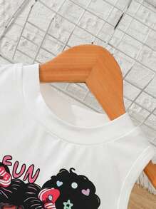 2-częściowy swobodny strój dziewczęcy - bezrękawnik z napisem, sercem i kokardą w połączeniu z dżinsowymi spodniami z nadrukiem w kształcie serca, dziewczęcy modny i wszechstronny strój na co dzień