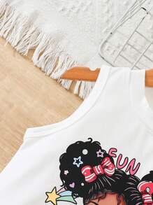 2-częściowy swobodny strój dziewczęcy - bezrękawnik z napisem, sercem i kokardą w połączeniu z dżinsowymi spodniami z nadrukiem w kształcie serca, dziewczęcy modny i wszechstronny strój na co dzień