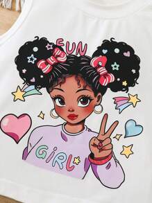 2-częściowy swobodny strój dziewczęcy - bezrękawnik z napisem, sercem i kokardą w połączeniu z dżinsowymi spodniami z nadrukiem w kształcie serca, dziewczęcy modny i wszechstronny strój na co dzień