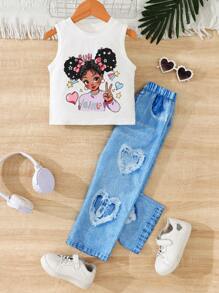 2-częściowy swobodny strój dziewczęcy - bezrękawnik z napisem, sercem i kokardą w połączeniu z dżinsowymi spodniami z nadrukiem w kształcie serca, dziewczęcy modny i wszechstronny strój na co dzień
