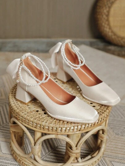 Zapatos de tacón alto de punta cuadrada con decoración de cadena de perlas y moño, tacón grueso, nuevos lanzamientos para primavera/otoño, zapatos de vestir elegantes para fiestas, celebraciones y días festivos