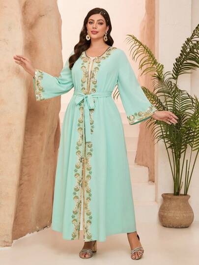 Novo robe longo com decote em V e manga comprida com bordado, cravejado, cinto de contas, cor sólida, abaya do Oriente Médio