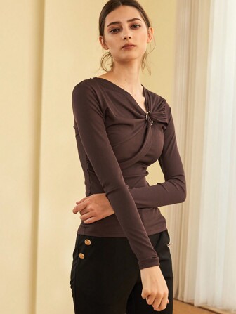 Women Solid Color Asymmetrical Neckline Knitted Tight-Fitting T-Shirt Top For Spring Layer
