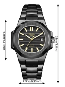 LONGLUX 1pc Men's Automatic Mechanical Watch With Calendar Display, Black Classic Steel Band