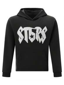 Mens Punk Hoodie Loose Letter Number Print Long Sleeve Hooded Sweatshirt With Front Pocket Vintage Streetwear