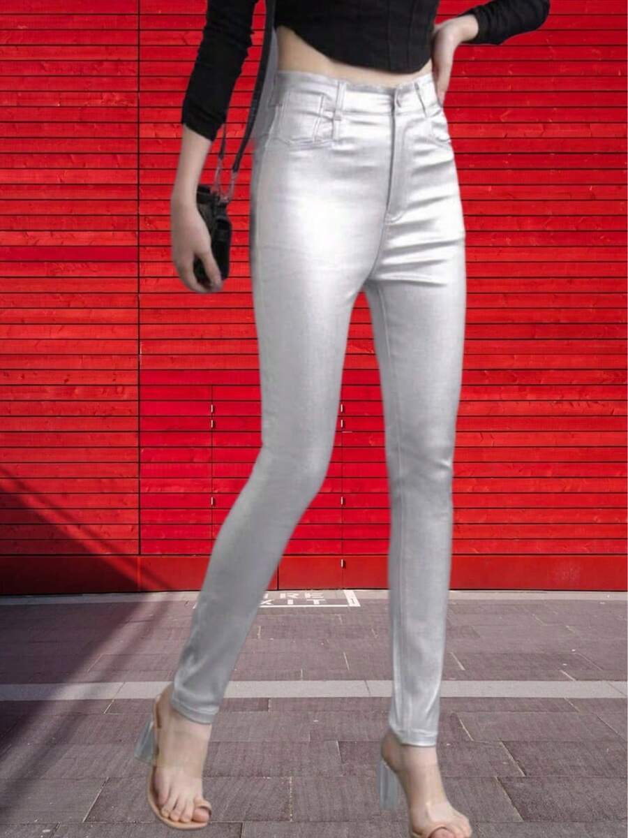 Metallic Stretch Pants - Silver - View 1