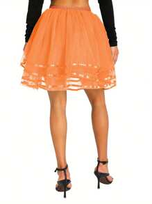 Women Mesh Skirt With Elastic Wide Waist, Solid Color Multi-Layer Structure Summer Clothing - Orange - View 9