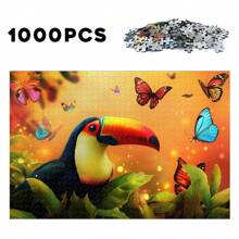 Rompecabezas de madera de 500/1000 piezas con tema de tucán tropical y mariposa: Vistoso tucán con mariposas de colores revoloteando a su alrededor, fondo naranja brillante, diversión y calor de vacaciones, entretenimiento de rompecabezas de madera desafiante, sorpresa creativa de vacaciones, adecuado para decoración de dormitorio y cumpleaños - multicolor - Ver 4
