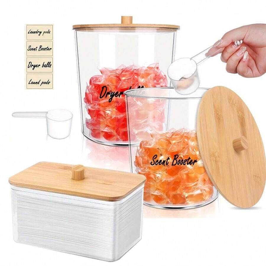 3 Packs Laundry Powder Container Jars And Acrylic Dryer Sheet Holder With 2 Scoops & Labels Large Capacity Laundry Room Organization Jars With Lids For Laundry Detergent Laundry Pods Organizing - Transparent - View 1