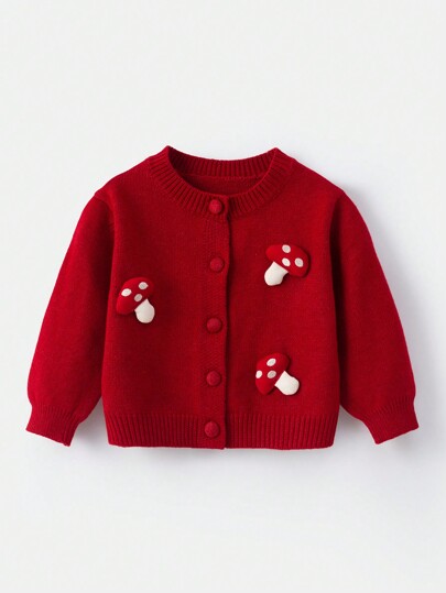 1pc Newborn/Baby Girls Adorable Sweet & Chic Hand-Sewn Mushroom & Duck Pattern Thin Cardigan Sweater, Versatile For Spring & Autumn Wear