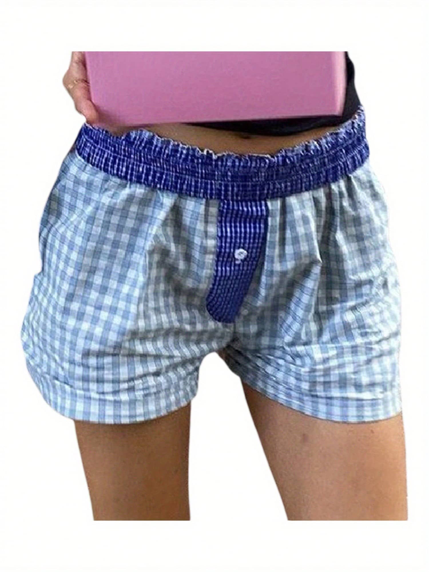 Women's Plaid Shorts Casual Loose Fitting Elastic Waist Short Pants Summer Lounge Shorts - Blue - View 1