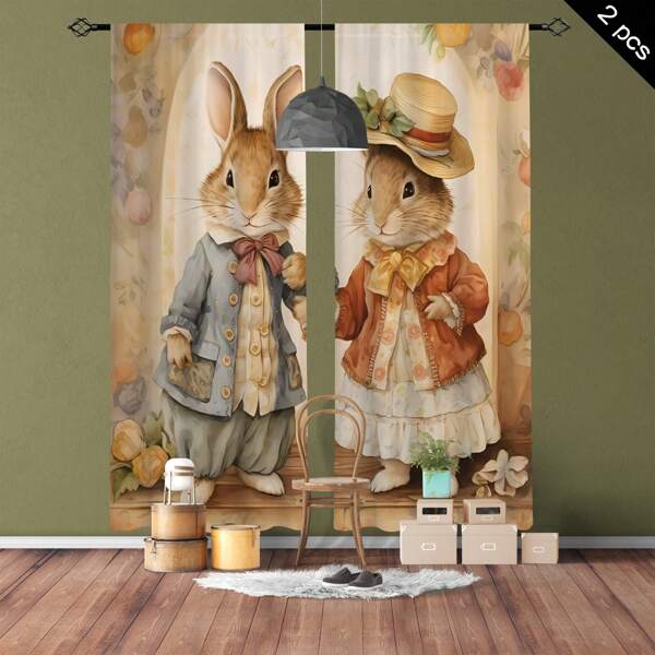 2 Stücke ländlich-rustikale Kaninchen Muster Halbtransparent Vorhänge, Wohnzimmer Schlafzimmer Multi-Szene Polyester Gardinenschienen Dekorative Vorhänge, Heimdekoration Party Zubehör