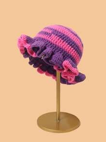 1pc Contrast Color Knitted Large Ruffle Brim Handmade Crochet Beanie (Hat Color Random)