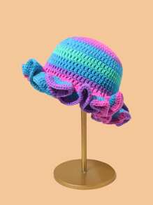 1pc Contrast Color Knitted Large Ruffle Brim Handmade Crochet Beanie (Hat Color Random)