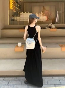 女士优雅无袖收腰喇叭裙毛衣，春夏季 - 黑色 - 查看 5