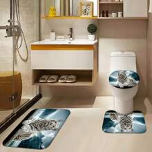 4pcs Tiger Pattern Shower Curtain Set, Bath Curtain With 12 Hooks, U-Shaped Mat, Toilet Cover Mat, Bathroom Decorations, Bathroom Accessories - Black - View 4