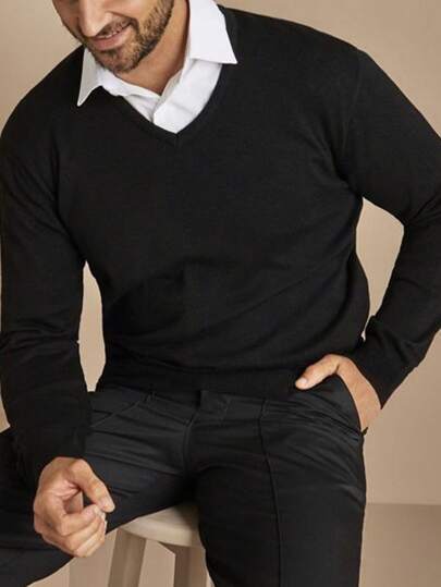 Jersey suelto casual de cuello en V de unicolor y manga larga para hombre, otoño/invierno