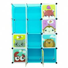 DIY Wardrobe With 12 Cubes For Children's Room, Cartoon Animal Motif, PP Plastic Storage Furniture With 2 Hanging Rods, Large Capacity 111 X 37 X 147 Cm, Blue / Pink