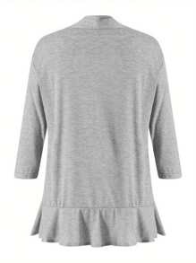 Women Spring Autumn Cardigan Tops, 3/4 Sleeve Casual Solid Color Ruffled Hem Thin Tops Coat - Light Grey - View 3