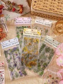 6入組菊花、葉子和玫瑰圖案寵物貼紙,幸運和療愈系列,用於裝飾筆記本、日記和平板電腦 - 彩色 - 查看 1