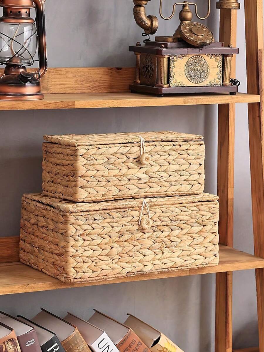2 件/1 件带盖矩形柳条储物篮，复古藤条装饰盒，多用途搁架整理器，波西米亚风格柳条家居装饰，编织藤条篮架 - 卡其色 - 查看 1