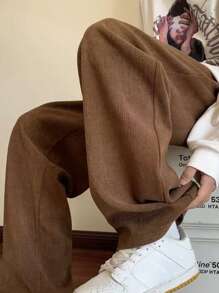 Vintage American Style Corduroy Straight Leg Pants, Casual Khaki Long Trousers For Men