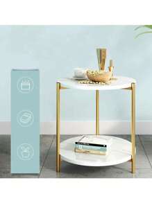 Mesa auxiliar redonda con diseño de mármol, mesa auxiliar moderna y sencilla junto al sofá, soporte de almacenamiento de 2 niveles - Blanco - Ver 7