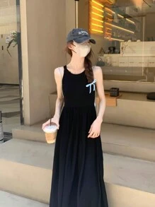 女士优雅无袖收腰喇叭裙毛衣，春夏季 - 黑色 - 查看 3