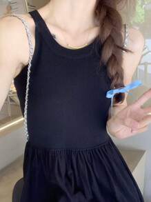 女士优雅无袖收腰喇叭裙毛衣，春夏季 - 黑色 - 查看 9