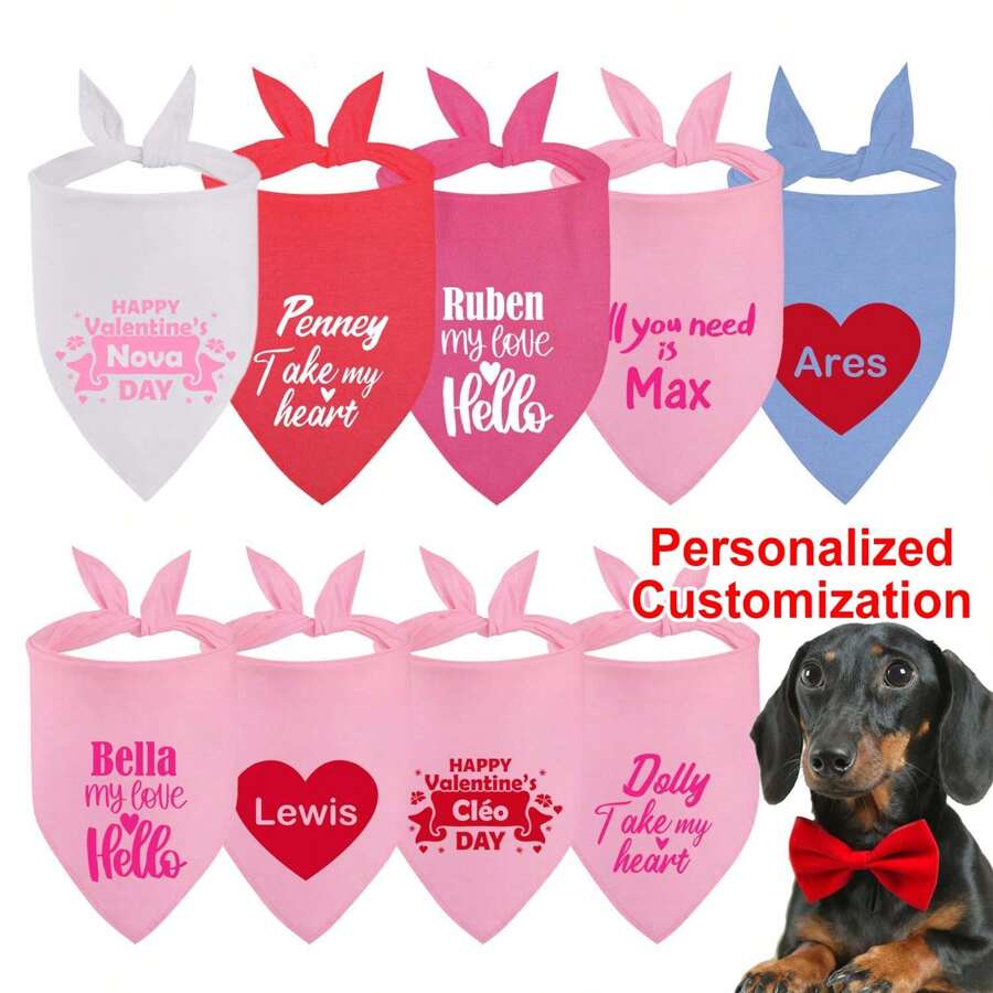 Valentine's Day Dog Bandana, Heart Pattern Party Scarf, Pet Bib, Different Patterns Available, Multiple Colors, Customizable With Personal Info Such As Name