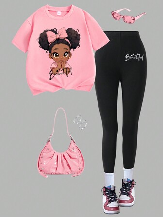 女童卡通印花短袖上衣和紧身裤套装